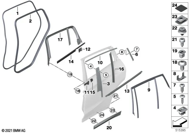 Moldura de puerta trasera izquierda para BMW X3 G01, G01N, X4 G02, G02N (OEM 51138499211). Original BMW