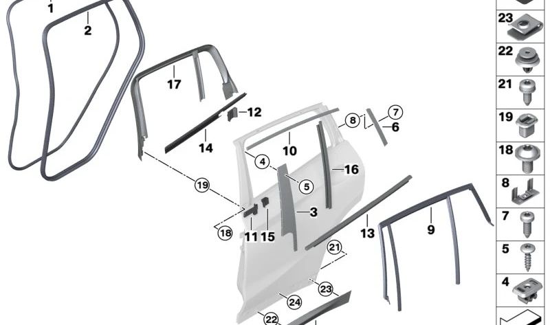 Moldura de puerta trasera derecha para BMW X3 G01, G01N, X4 G02, G02N (OEM 51138499212). Original BMW