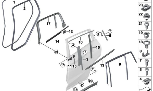 Revestimiento columna B puerta trasera izquierda para BMW F98, G02 (OEM 51357416531). Original BMW