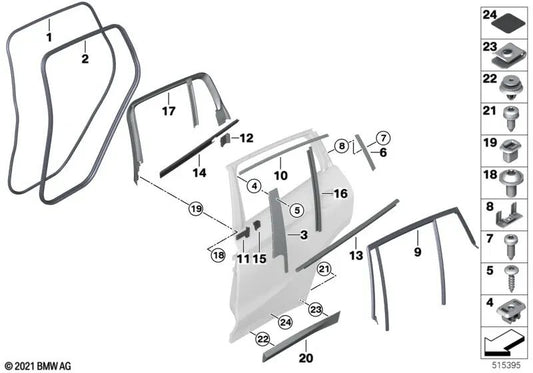 Rear left door window frame moulding for BMW X4 F98, G02 (OEM 51357423137). Original BMW