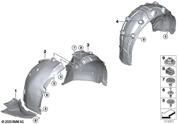 Cubierta inferior izquierda del guardabarros para BMW E46, E53, E70, F30, F80 (OEM 51759477055). Original BMW.