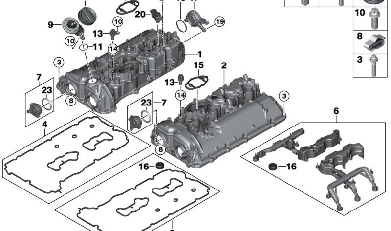 Juego de juntas para tapa de culata para BMW Serie 5 F90, G30, G31, G90, Serie 7 G11, G12, G70, Serie 8 F91, F92, G14, G15, G16, X5 F95, G05, X6 F96, G06, X7 G07, XM G09 (OEM 11128636547). Original BMW