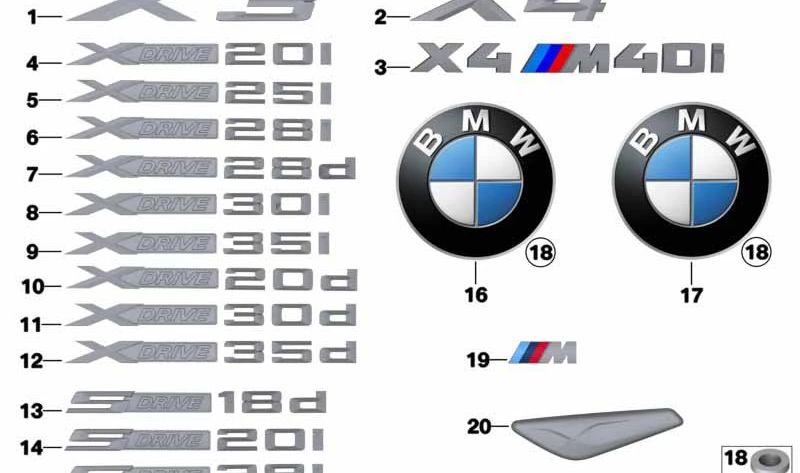 Emblema Original "X4" OEM 51147339428 para BMW F26 (X4). Apto para reposición o personalización.