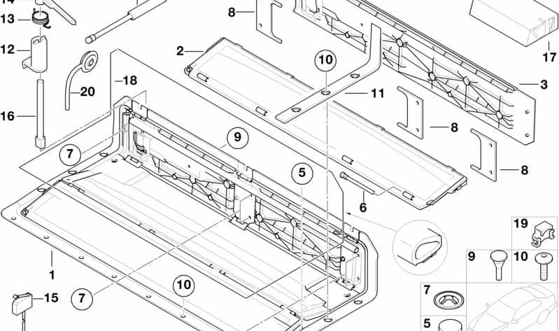 Amortiguador del techo convertible OEM 54318254778 para BMW E46, E64. Original BMW.