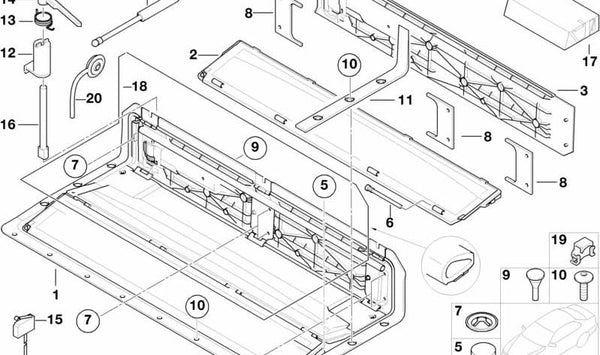 Amortiguador del techo convertible OEM 54318254778 para BMW E46, E64. Original BMW.