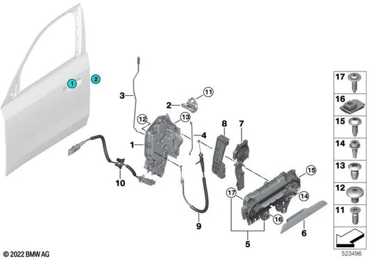 Soporte manilla de puerta exterior izquierda para BMW U11 (OEM 51215A25817). Original BMW