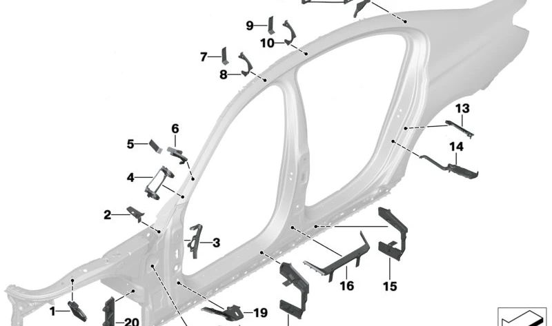 Right front reinforcement of the OEM ceiling frame 41007359192 for BMW G11, G12. Original BMW.