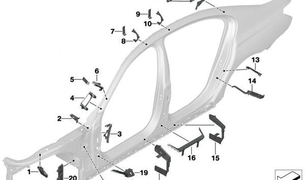 Pieza de refuerzo del techo trasero derecho para BMW G11, G12 (OEM 41007342802). Original BMW