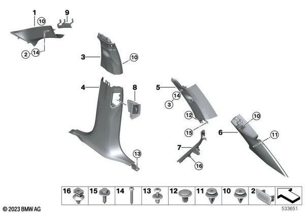 Moldura B-Pilar inferior derecha para BMW F95, F95N, G05, G05N, G18, G18N, G07, G07N (OEM 51437496418). Original BMW