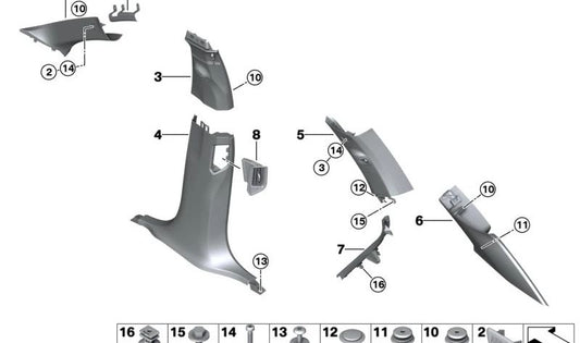 Embellecedor inferior derecho del pilar B para BMW F95, G05, G18 (OEM 51437496416). Original BMW.