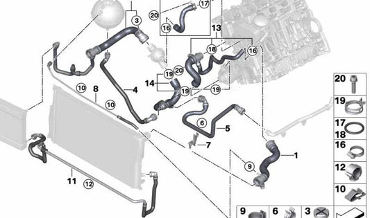 Wasserschlauch für BMW F20, F21, F22, F23, F30, F31, F34, F35, F32, F33, F36, F10, F11, F07, F18, E84, F25, F26, F15, F16, E89 (OEM 11537603514). Original BMW