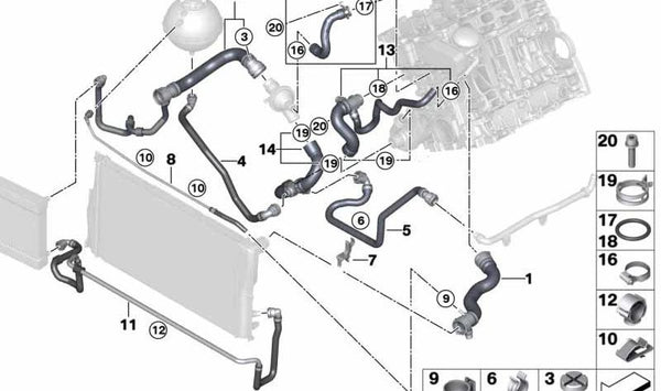 Manguera de agua para BMW F20, F21, F22, F23, F30, F31, F34, F35, F32, F33, F36, F10, F11, F07, F18, E84, F25, F26, F15, F16, E89 (OEM 11537603514). Original BMW