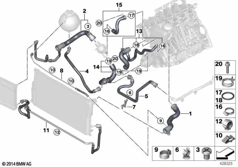 Tubería de avance para BMW F20, F21, F22, F23, F30, F31, F34, F35, F32, F33, F36, F07, F10, F11, F18, E84, F25, F26, F15, F16, E89 (OEM 11537639998). Original BMW