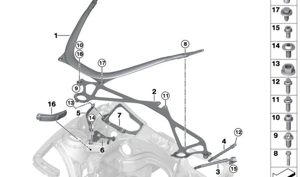 Extensión de barra de refuerzo derecha OEM 31122358256 para BMW F83. Original BMW.