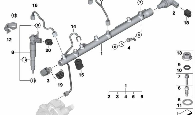 Acumulador de presión para BMW E90, E91, E92, E93, E60, E61, E63, E64, E65, E66, E83, E70, E71 (OEM 13537805727). Original BMW.