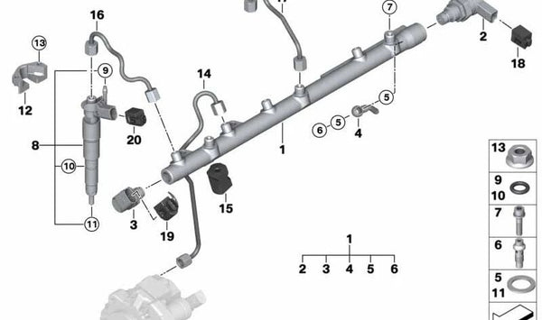 Acumulador de presión para BMW E90, E91, E92, E93, E60, E61, E63, E64, E65, E66, E83, E70, E71 (OEM 13537805727). Original BMW.