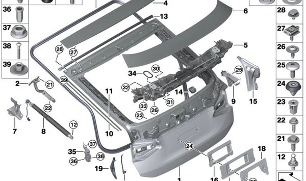 Cuña del portón trasero derecha para BMW G32, G32N (OEM 51247433294). Original BMW.