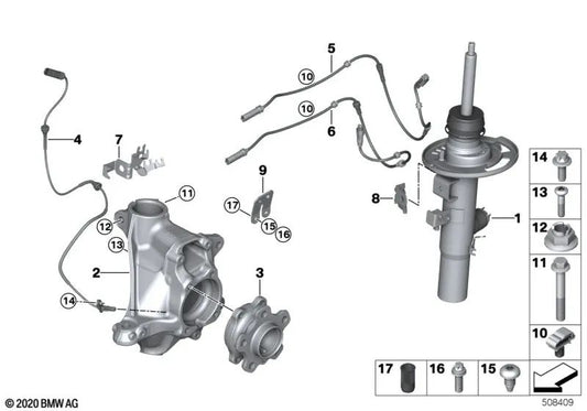 Radträger mit rechtem Absenkkorrektor für BMW E46, E90, E91, E92, E93 (OEM 31216899690). Original BMW.