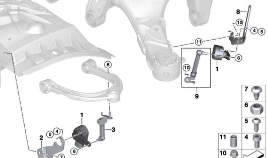 Soporte del sensor de nivelación derecha para BMW F90, G30, G31, G38, G32, G11, G12, F91, F92, G14, G15 (OEM 37146869138). Original BMW