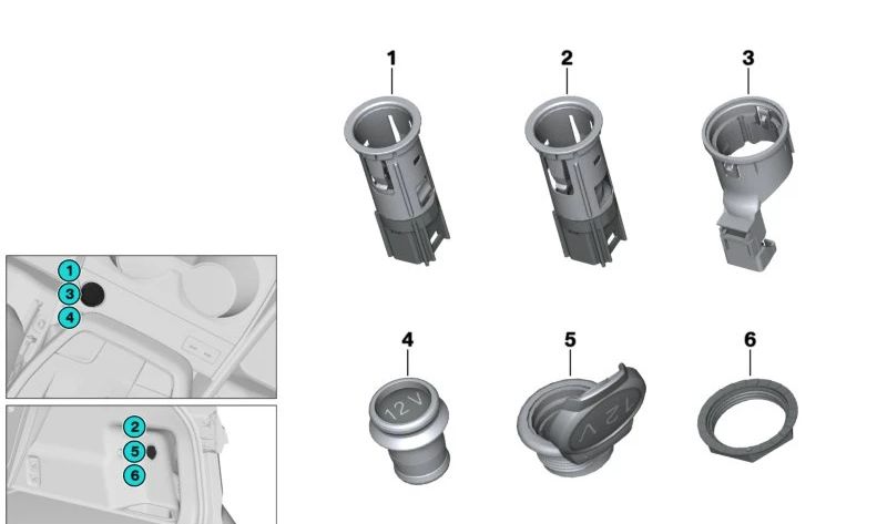 Aro de sujeción para toma de 12V OEM 61349438260 para BMW F70, G42, U06, G87, G20, G21, G28, G80, G81, G22, G23, G26, G82, G83, G70, U11, U12, U10, G45, F65, F66, J05, J01, U25. Original BMW.