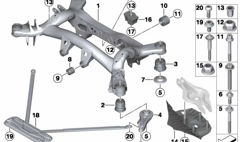 Soporte de caucho trasero para BMW Serie 1 F20, F21, Serie 2 F22, F23, Serie 3 F30, F35, Serie 4 F32, F33, F36 (OEM 33316792510). Original BMW