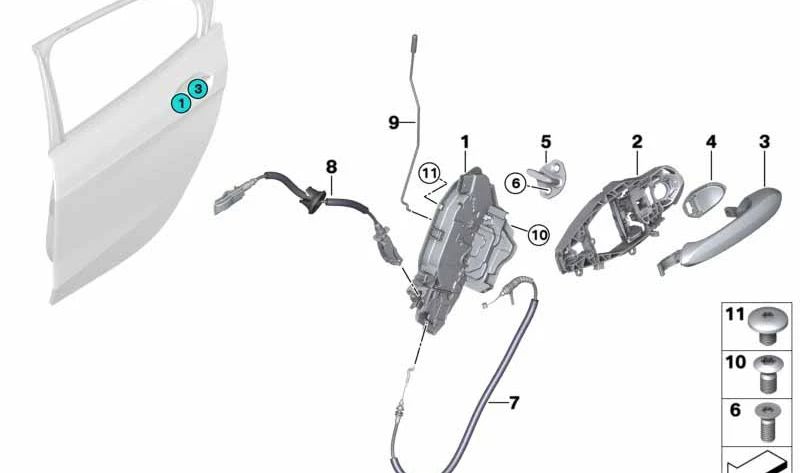 Cable Bowden para apertura de puertas traseras OEM 51227474349 para BMW Serie 2 Gran Coupé F44. Original BMW.