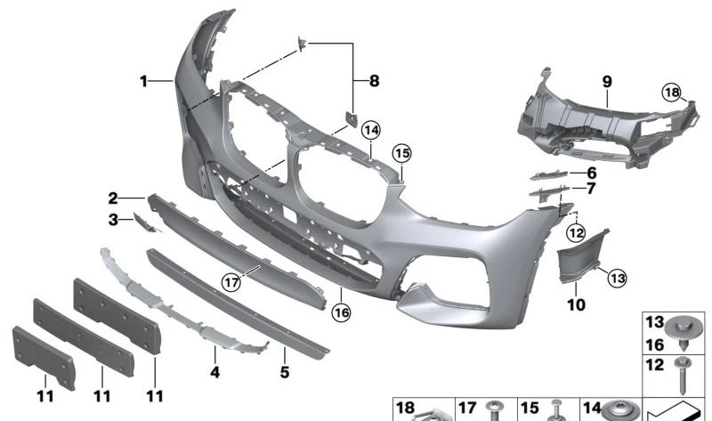 Elemento decorativo del parachoques delantero para BMW G02 (OEM 51118078694). Original BMW