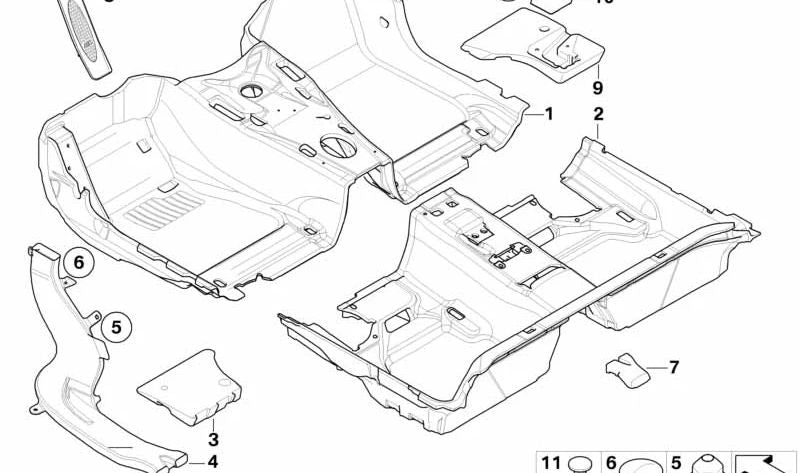 Revestimiento del suelo delantero para BMW E90, E91 (OEM 51477265874). Original BMW