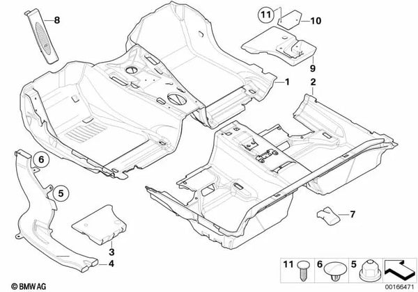 Revestimiento de suelo delantero para BMW E93, E93N (OEM 51477265950). Original BMW.