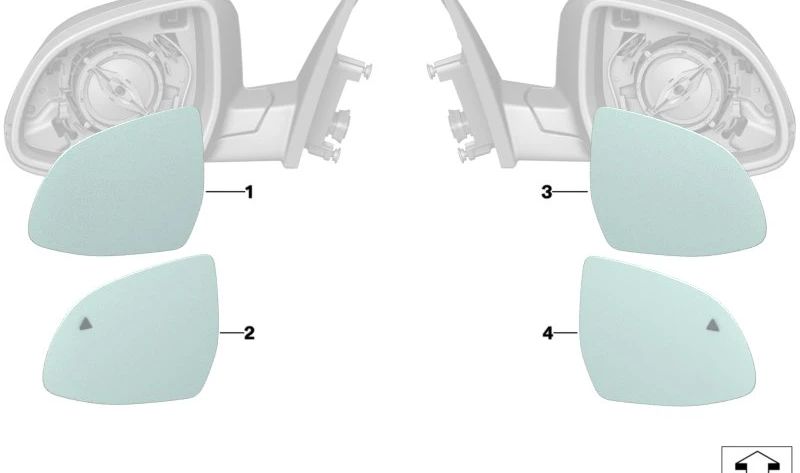 Links Rückfahrspiegel Glashöhe Weitwinkel OEM 51167441443 für BMW G01, G08, F97, G02, F98, G05, G18, F95, G06, F96, G07, G09. Original BMW.