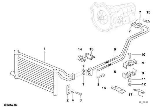 Conducto del refrigerador de aceite - Entrada para BMW Serie 5 E39 (OEM 17221744919). Original BMW.