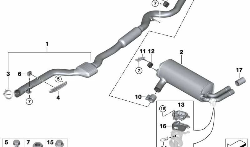 Soporte para silenciador trasero izquierdo OEM 18308632095 para BMW F20, F21, F22, F23, F30, F31, F34, F32, F33, F36. Original BMW.