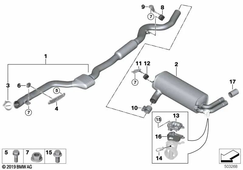 Soporte de catalizador cerca del motor para BMW Serie 1 F20, F21, Serie 2 F22, F23, Serie 3 F30, F31, F34, F35, Serie 4 F32, F33, F36 (OEM 18307633093). Original BMW.