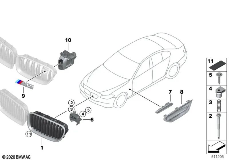 Rejilla decorativa delantera izquierda para BMW Serie 5 F10 (OEM 51138054491). Original BMW