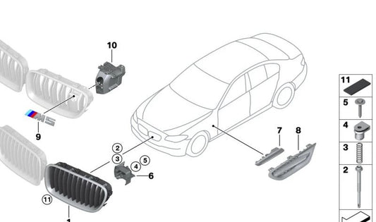 Rejilla decorativa delantera derecha para BMW Serie 5 F10 (OEM 51138054498). Original BMW