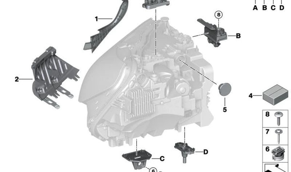 Soporte para faro delantero derecho OEM 63115A043B4 para BMW G42, E28, E24, E23. Original BMW.