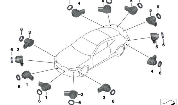 Sensor de aparcamiento ultrasónico OEM 66209827054 en color azul tansanit para BMW G30, G31, G32, G11, G12, F91, F92, F93, G14, G15, G16, G05, F95, G06, F96, G07. Original BMW.