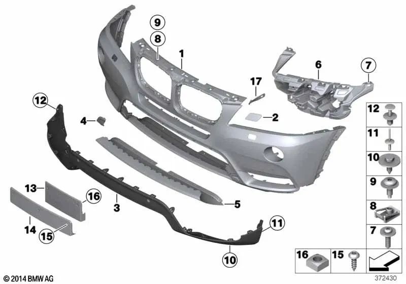 Front bumper trim for BMW X3 F25 (OEM 51117389895). Original BMW