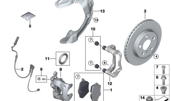 Soporte de freno derecho para BMW Serie 2 U06, X1 U11, X2 U10 (OEM 34108837108). Original BMW