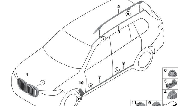 Barrra de techo derecha en plata satinada OEM 51135A34E62 para BMW G07 (X7). Original BMW.