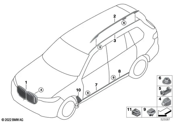 Moldura lateral puerta trasera derecha para BMW X7 G07 (OEM 51135A165E6). Original BMW.