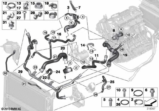 Low Temperature Cooling Module Pipe for BMW E81, E82, E87N, E88, E90, E91, E92, E93 (OEM 11537552392). Original BMW.