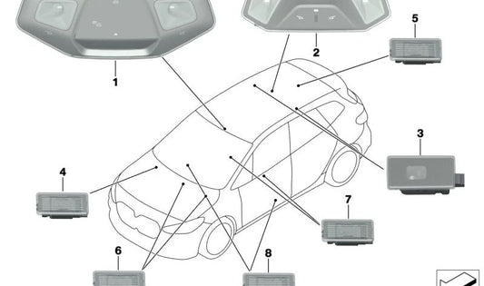 Interior reading light for BMW 2 Series U06, X1 U11 (OEM 63315A9B4C9). Genuine BMW