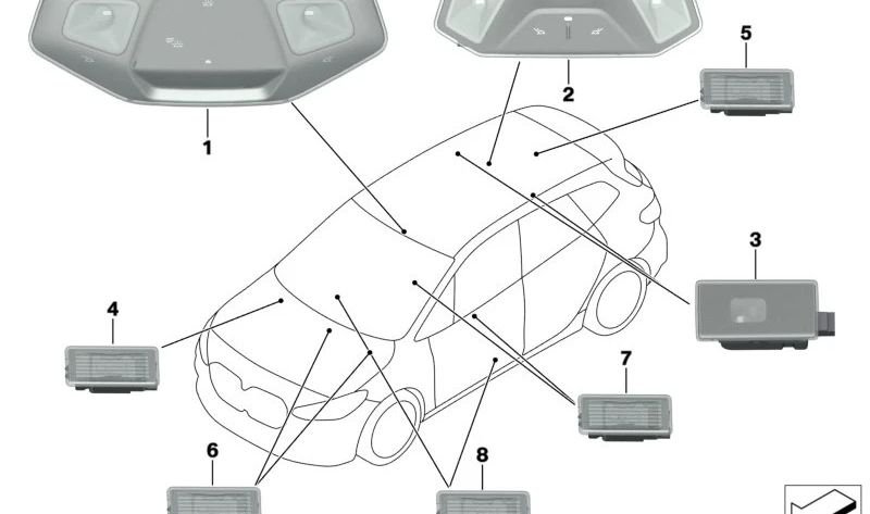 Luz interior LED derecha para techo panorámico OEM 63315A4A5B0 para BMW {Serie 2 Active Tourer (U06)}. Original BMW.