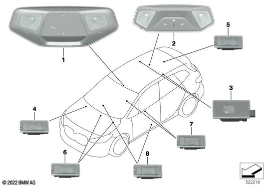 Lámpara de lectura interior para BMW Serie 2 U06, X1 U11 (OEM 63315A9B4B9). Original BMW.