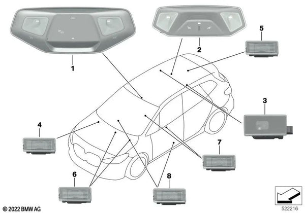 Luz Interior Techo Panorámico Derecha para BMW U06, U11, U12 (OEM 63315A9B4A9). Original BMW.