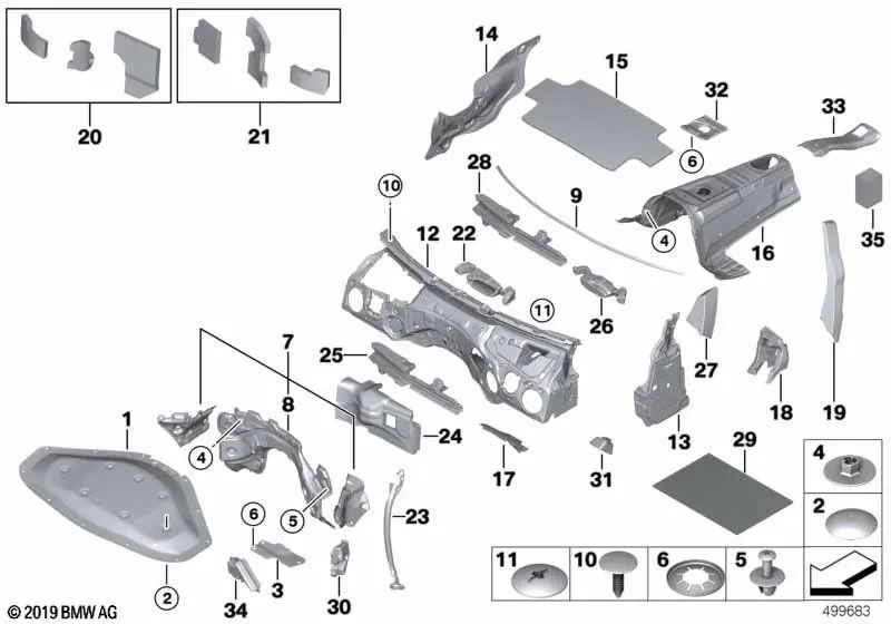 Aislamiento acústico para calentadores y equipos de climatización para BMW Serie 3 F30, F31, F34, F35, Serie 4 F32, F33, F36 (OEM 51487346456). Original BMW