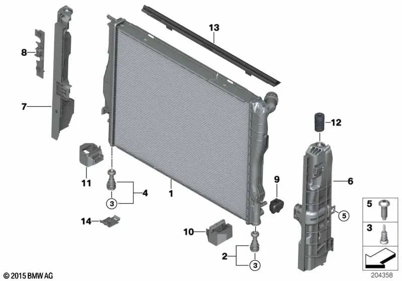 Coolant radiator for BMW E90, E92, E93 (OEM 17112283468). Genuine BMW.