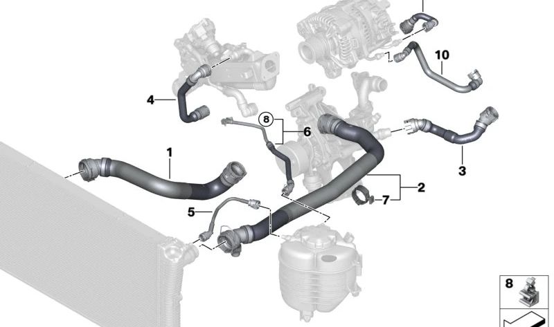 Tubo de conexión para bomba de agua OEM 11538473704 para BMW G42, G20, G21, G28, G22, G23, G26, G30, G31, G32, G01, G02. Original BMW.