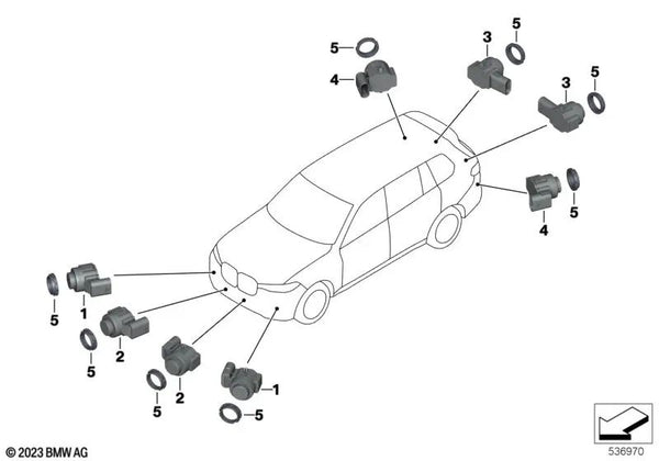 Sensor ultrasónico Mineralweiss metálico para BMW i I20, X1 U11, U12, X5 F95N, G05N, G18N, X6 F96N, G06N, X7 G07N, XM G09 (OEM 66205A17965). Original BMW.